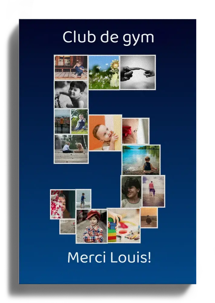 Collage photo sur toile en forme de chiffre 5, sur fond bleu dégradé avec texte personnalisé