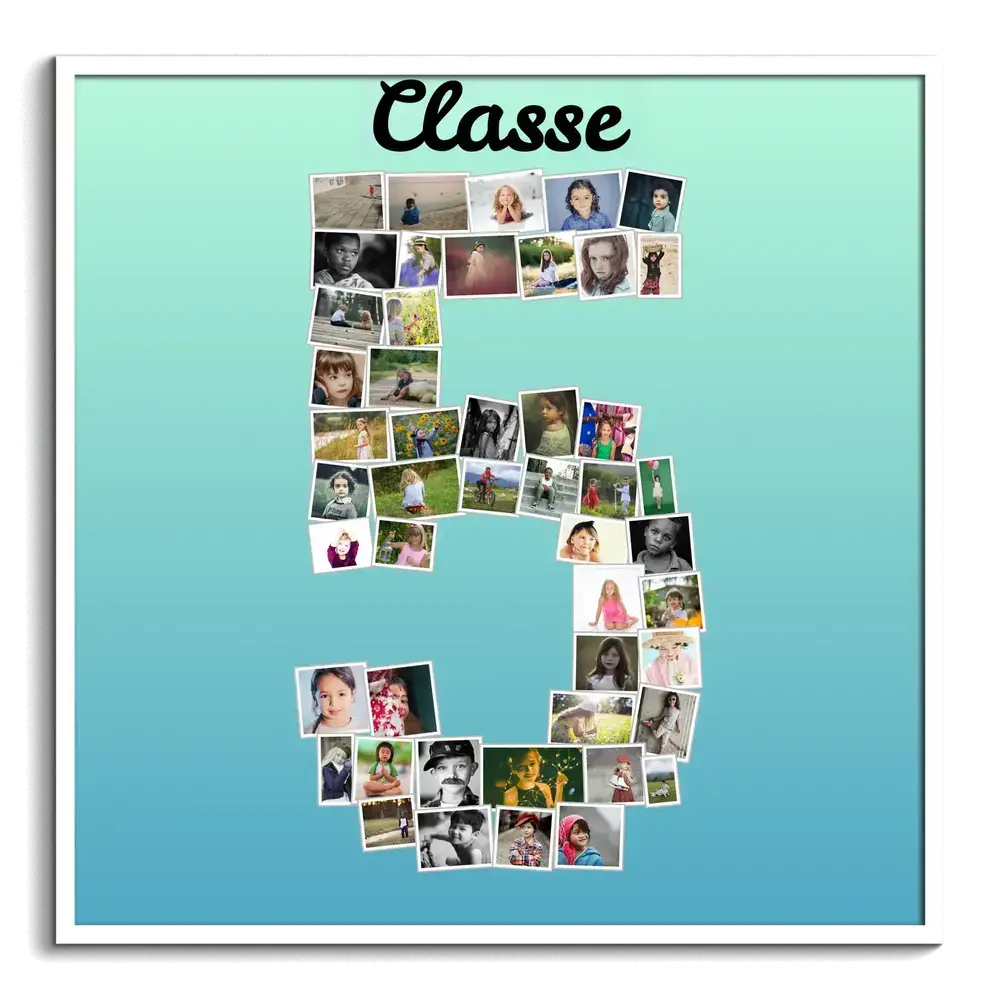 Collage photo en forme de chiffre 5 sur fond dégradé turquoise, dans un cadre blanc avec texte personnalisé