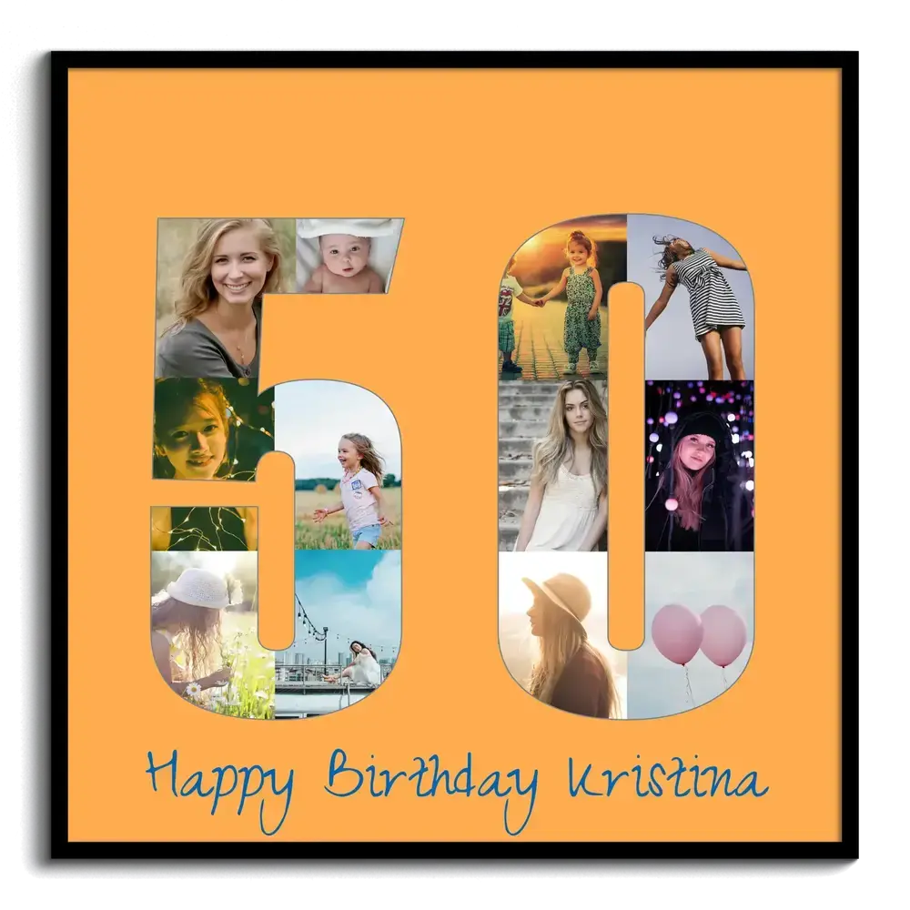 Fotocollage Zahl 50 auf orangefarbenem Hintergrund im schwarzen Rahmen, eine Geschenkidee zum 50. Geburtstag