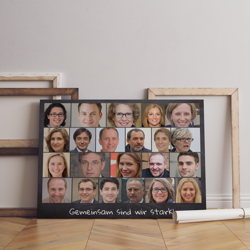 Team-Collage mit Porträts und Spruch auf dunklem Grund, am Boden vor Holzrahmen als Geschenkidee fürs Team