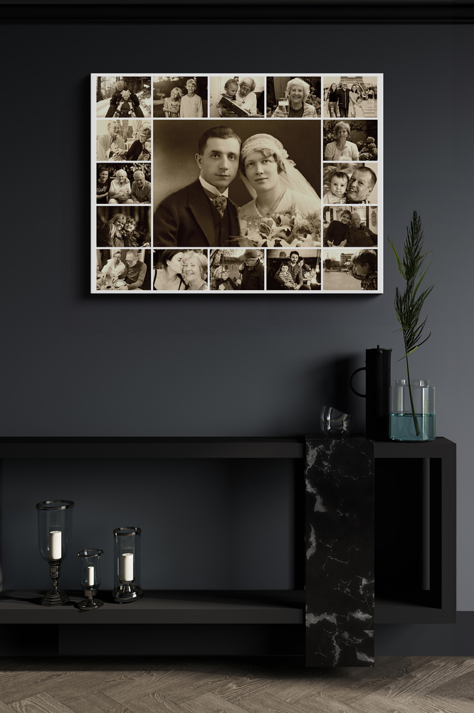 Trauercollage in Sepia mit zentralem Hochzeitsporträt und kleinen Fotos an dunkler Wand über einer schwarzen Konsole