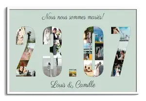 Collage photo date de mariage sur toile – Personnalisez noms et photos