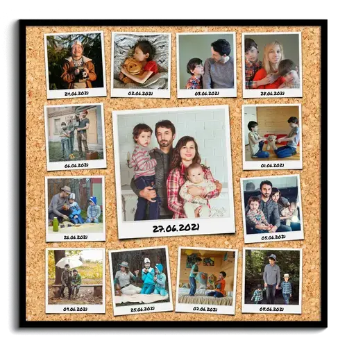 Collage creatif avec photos polaroid annotees sur tableau