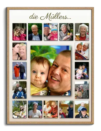 Fotos der Verwandschaft als kreative Collage angeordnet mit Text und Hintergrund