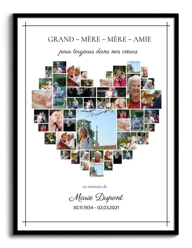 Fotocollage souvenir pour funerailles en coeur clair