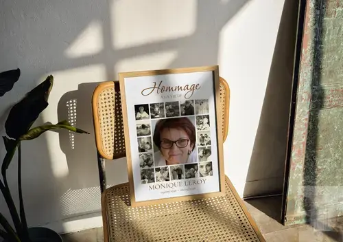 Collage hommage : portrait central et 16 photos