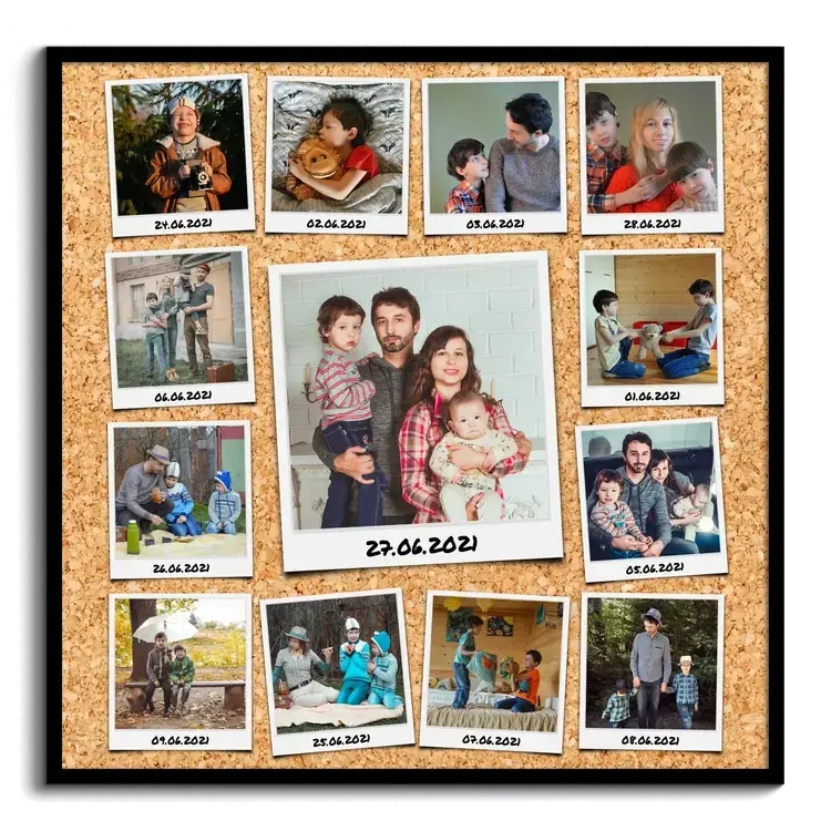 Collage creatif avec photos polaroid annotees sur tableau