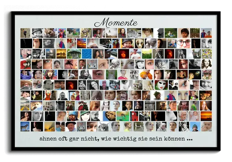 Wandbild als Fotocollage mit vielen Fotos mit Spruch und eigenen Bildern