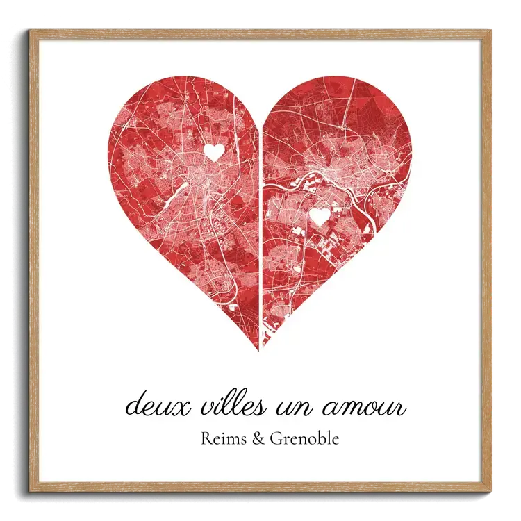 Deux villes, un amour : Carte cœur personnalisée